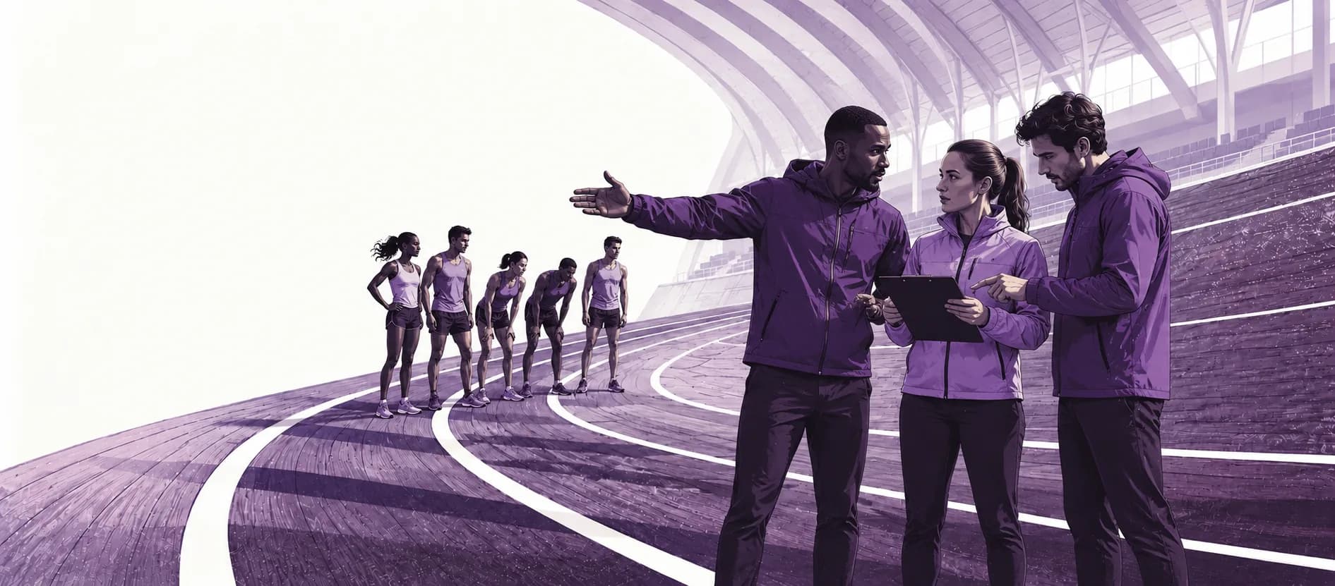 Illustrated coach and race organizers coordinating a pace team on a purple indoor track.