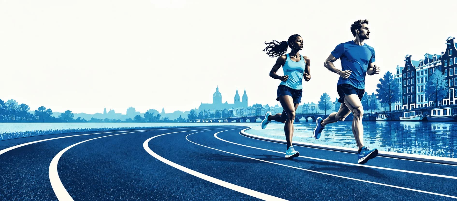 Illustrated pair of runners beside a canal on a blue track.